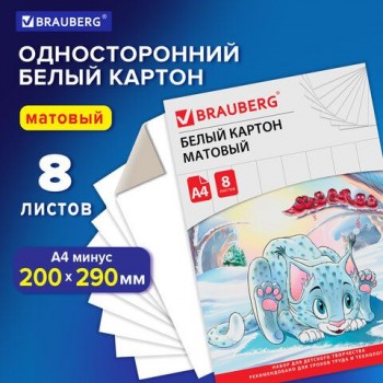Картон белый А4 немелованный (матовый), 8 листов, в папке, BRAUBERG 5 шт., 200х290 мм, "Барсик 1", 129902