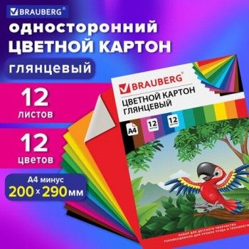 Картон цветной А4 МЕЛОВАННЫЙ (глянцевый), 12 листов 12 цветов, в папке, BRAUBERG 4 шт., 200х290 мм, "Килиманджаро", 129917