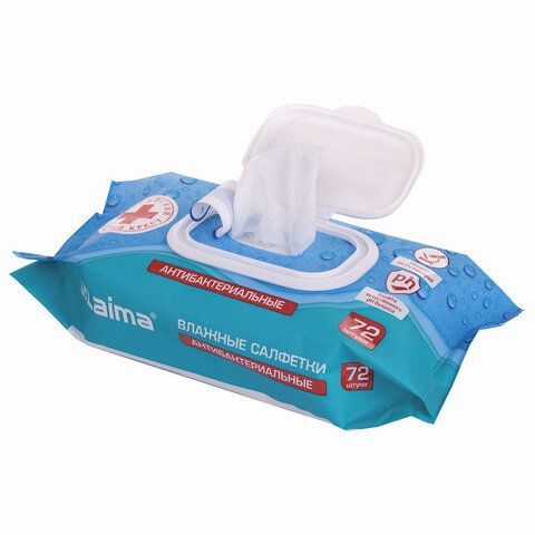 Салфетки влажные 72 шт., АНТИБАКТЕРИАЛЬНЫЕ с пластиковым клапаном, LAIMA &quot;Antibacterial&quot;, 129997