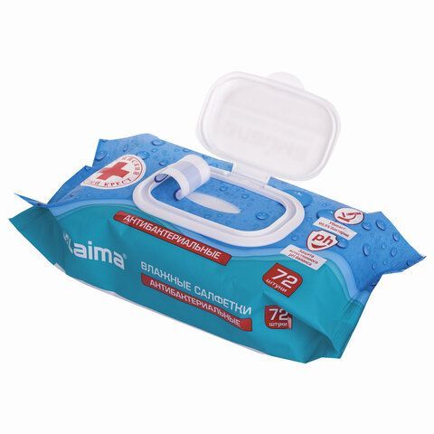 Салфетки влажные 72 шт., АНТИБАКТЕРИАЛЬНЫЕ с пластиковым клапаном, LAIMA &quot;Antibacterial&quot;, 129997