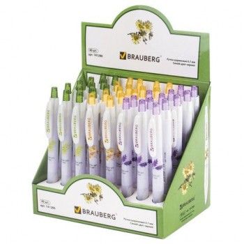 Ручка шариковая автоматическая с грипом BRAUBERG 40 шт. "Herb Time", СИНЯЯ, корпус ассорти, узел 0,7 мм, линия 0,35 мм, синяя, 141286
