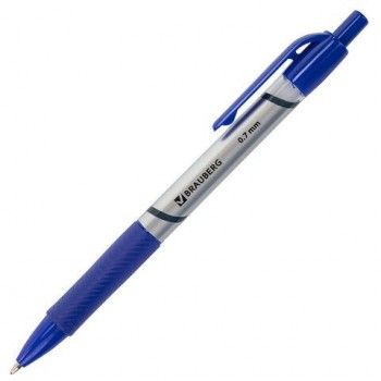Ручка шариковая автоматическая с грипом BRAUBERG 12 шт. "Leader", СИНЯЯ, корпус с печатью, узел 0,7 мм, линия письма 0,35 мм, 141540