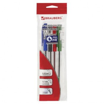 Ручки шариковые масляные BRAUBERG, НАБОР 4 шт., АССОРТИ, "Max-Oil", узел 0,7 мм, линия письма 0,35 мм, 142146