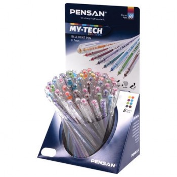 Ручка шариковая масляная PENSAN 60 шт. "My-Tech Colored", палитра ярких цветов АССОРТИ, 0,7 мм, дисплей, 2240, 2240/S60R-8