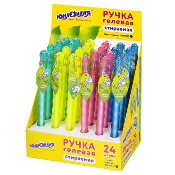 Ручка стираемая гелевая ЮНЛАНДИЯ 24 шт. "Горошек", СИНЯЯ, прорезиненный корпус ассорти, линия письма 0,35 мм, 143669