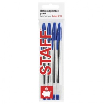 Ручки шариковые STAFF 12 шт. "Basic Budget BP-04", НАБОР 4 штуки, СИНИЕ, линия письма 0,5 мм, 143873