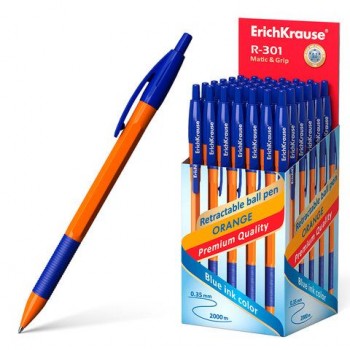 Ручка шариковая автоматическая с грипом ERICH KRAUSE 5 шт. "R-301 Orange", СИНЯЯ, 1,0 мм, линия письма 0,5 мм, 46762