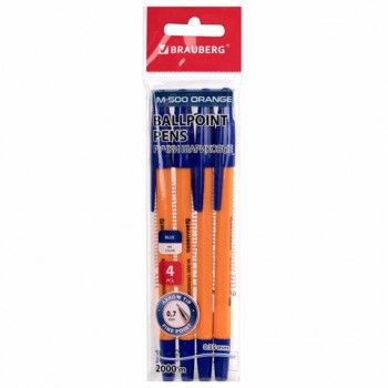 Ручки шариковые BRAUBERG 3 шт. "M-500 ORANGE", НАБОР 4 шт., СИНИЕ, узел 0,7 мм, линия письма 0,35 мм, 143950