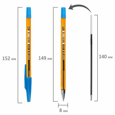 Ручка шариковая STAFF 50 шт. AA-927 ORANGE, СИНЯЯ, корпус тонированный оранжевый, узел 0,7 мм, линия письма 0,35 мм, 144075