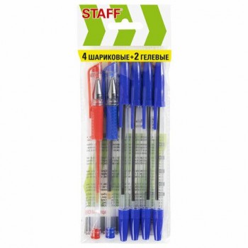 Ручки шариковые и гелевые STAFF 4 шт. "Basic ST-01", НАБОР 6 ШТУК, АССОРТИ, узел 0,7 мм, линия письма 0,35 мм, 144080