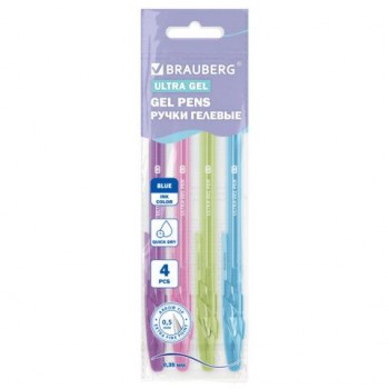 Ручки гелевые "BRAUBERG ULTRA GEL PASTEL", СИНИЕ, НАБОР 4 ШТУКИ, стандартный наконечник 0,5 мм, линия письма 0,35 мм, 144282