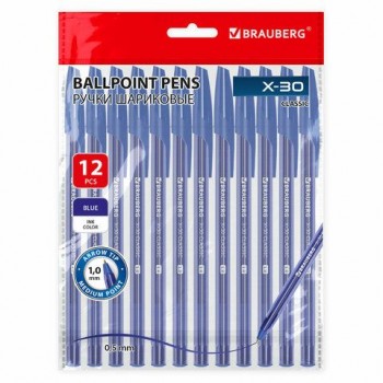 Ручки шариковые BRAUBERG 3 шт. X-30 CLASSIC, КОМПЛЕКТ 12 ШТ., СИНИЕ, пишущий узел 1 мм, линия письма 0,5 мм, 144332