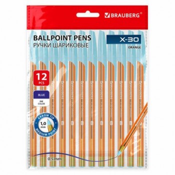 Ручки шариковые BRAUBERG 3 шт. X-30 ORANGE, КОМПЛЕКТ 12 шт., СИНИЕ, пишущий узел 1 мм, линия письма 0,5 мм, 144334