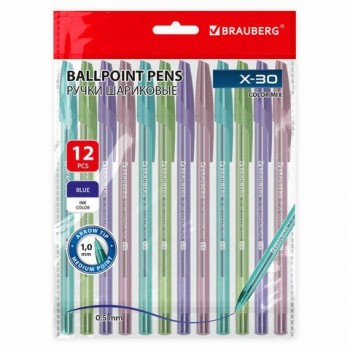 Ручки шариковые BRAUBERG 3 шт. X-30 COLOR MIX, КОМПЛЕКТ 12 ШТ., СИНИЕ, пишущий узел 1 мм, линия письма 0,5 мм, 144336