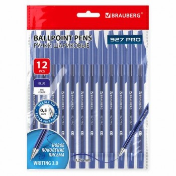 Ручки шариковые BRAUBERG 3 шт. "927 PRO" "WRITING 3.0", КОМПЛЕКТ 12 ШТ., СИНИЕ, пишущий узел 0,5мм, линия письма 0,25мм, 144338