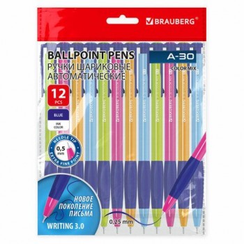 Ручки шариковые автоматические BRAUBERG A-30 COLOR MIX "WRITING 3.0", КОМПЛЕКТ 12 ШТ,СИНИЕ, пишущий узел 0,5 мм, линия письма 0,25мм, 144342