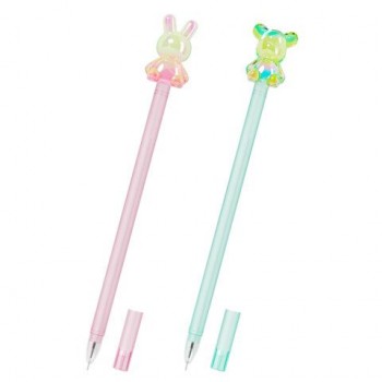 Ручка с акриловым топпером шариковая FUNSTER 12 шт. "BEAR&BUNNY", СИНЯЯ, ассорти, пишущий узел 0,7 мм, линия письма 0,35 мм, 144372