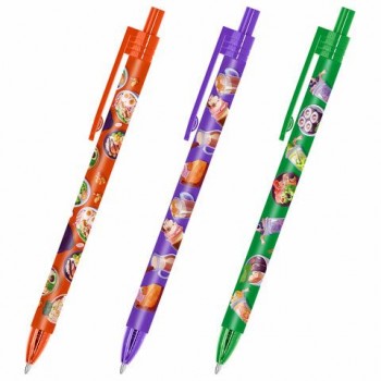 Ручка шариковая автоматическая с принтом FUNSTER 24 шт. "TASTY FOOD", корпус soft-touch, СИНЯЯ, пишущий узел 0,7 мм, линия письма 0,35 мм, 144403