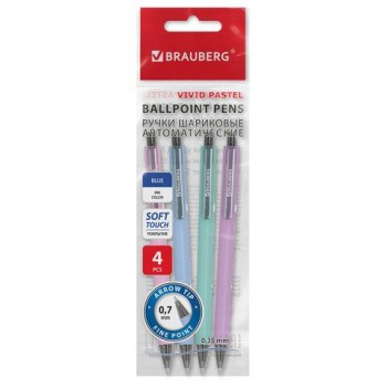 Ручки шариковые автоматические BRAUBERG "VIVID PASTEL", СИНИЕ, НАБОР 4 ШТУКИ, soft-touch, пишущий узел 0,7 мм, линия письма 0,35 мм, 144408