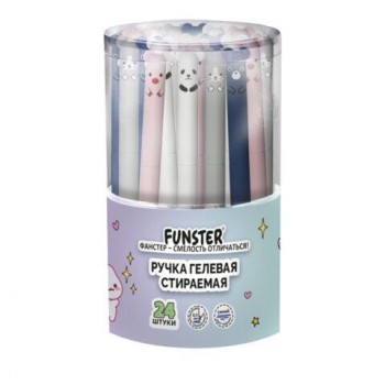 Ручка стираемая гелевая FUNSTER 24 шт. "CUTE ANIMALS", СИНЯЯ, корпус soft-touch ассорти, игольчатый узел 0,5 мм, линия письма 0,35 мм, 144434