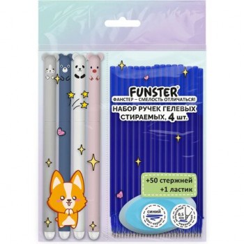 Ручки гелевые стираемые FUNSTER "CUTE ANIMALS", СИНИЕ, НАБОР 4 ШТ., 50 стержней, 1 ластик, игольчатый узел 0,5 мм, линия 0,35 мм, 144437