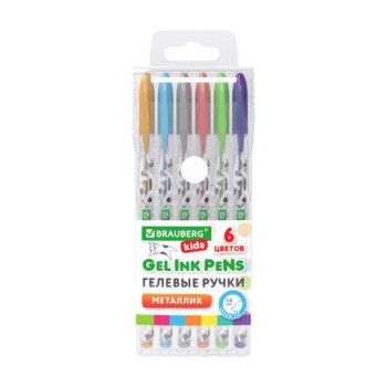 Ручки гелевые МЕТАЛЛИК BRAUBERG KIDS 12 шт. "CUTE ANIMALS", НАБОР 6 ЦВЕТОВ, корпус с печатью, узел 1 мм, линия письма 0,7 мм, 144440