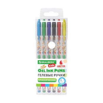 Ручки гелевые КЛАССИЧЕСКИЕ BRAUBERG KIDS 12 шт. "CUTE ANIMALS", НАБОР 6 ЦВЕТОВ, корпус с печатью, узел 1 мм, линия письма 0,7 мм, 144441