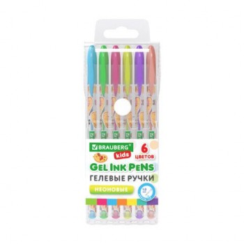 Ручки гелевые НЕОНОВЫЕ BRAUBERG KIDS 12 шт. "CUTE ANIMALS", НАБОР 6 ЦВЕТОВ, корпус с печатью, узел 1 мм, линия письма 0,7 мм, 144442