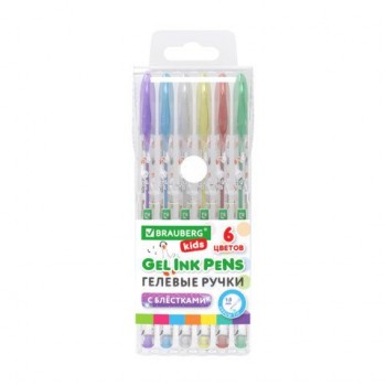 Ручки гелевые С БЛЕСТКАМИ BRAUBERG KIDS 12 шт. "CUTE ANIMALS", НАБОР 6 ЦВЕТОВ, корпус с печатью, узел 1 мм, линия письма 0,7 мм, 144443