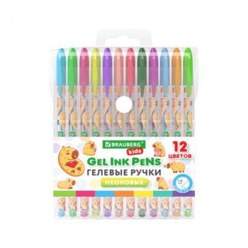 Ручки гелевые НЕОНОВЫЕ BRAUBERG KIDS 6 шт. "CUTE ANIMALS", НАБОР 12 ЦВЕТОВ, корпус с печатью, узел 1 мм, линия письма 0,7 мм, 144444