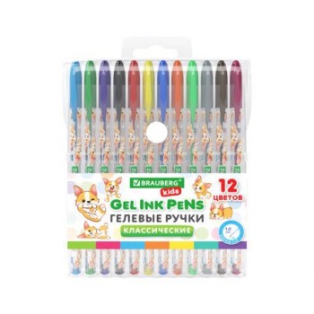 Ручки гелевые КЛАССИЧЕСКИЕ BRAUBERG KIDS 6 шт. "CUTE ANIMALS", НАБОР 12 ЦВЕТОВ, корпус с печатью, узел 1 мм, линия письма 0,7 мм, 144445