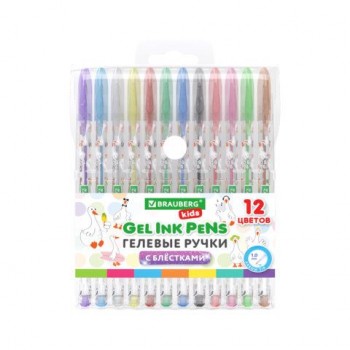 Ручки гелевые С БЛЕСТКАМИ BRAUBERG KIDS 6 шт. "CUTE ANIMALS", НАБОР 12 ЦВЕТОВ, корпус с печатью, узел 1 мм, линия письма 0,7 мм, 144446