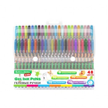 Ручки гелевые BRAUBERG KIDS "CUTE ANIMALS", НАБОР 48 ЦВЕТОВ, корпус с печатью, узел 1 мм, линия письма 0,7 мм, 144449