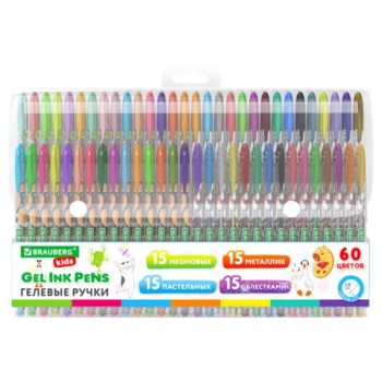 Ручки гелевые BRAUBERG KIDS "CUTE ANIMALS", НАБОР 60 ЦВЕТОВ, корпус с печатью, узел 1 мм, линия письма 0,7 мм, 144450