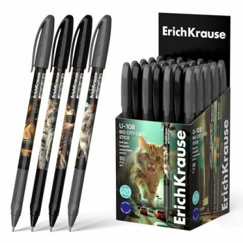 Ручка шариковая масляная ERICH KRAUSE 10 шт. U-108 "Stick Big City Cats",СИНЯЯ,узел 1мм,лини, 63103