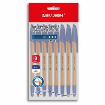 Ручки шариковые BRAUBERG 10 шт. "X-333 ORANGE", НАБОР 8 ШТУК, СИНИЕ, узел 0,7 мм, линия письма 0,35 мм, 144528