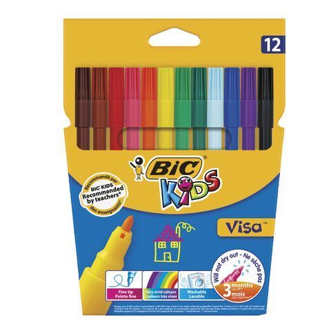 Фломастеры BIC &quot;Kids Visa&quot;, 12 ЦВЕТОВ, суперсмываемые, вентилируемый колпачок, европодвес, 889695, 888695