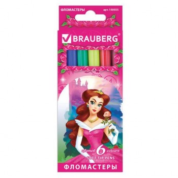 Фломастеры BRAUBERG 2 шт. "Rose Angel", 6 цветов, вентилируемый колпачок, картонная упаковка, увеличенный срок службы, 150555