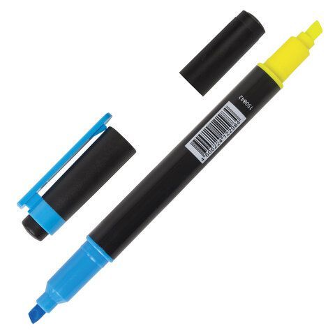 Текстовыделитель двусторонний BRAUBERG 2 шт., ЖЕЛТЫЙ/ГОЛУБОЙ, линия 1-4 мм, 150842