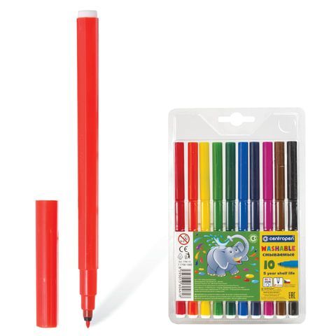 Фломастеры 10 ЦВЕТОВ CENTROPEN 2 шт. &quot;Washable&quot;, смываемые, вентилируемый колпачок, 7790/10TP, 777901085
