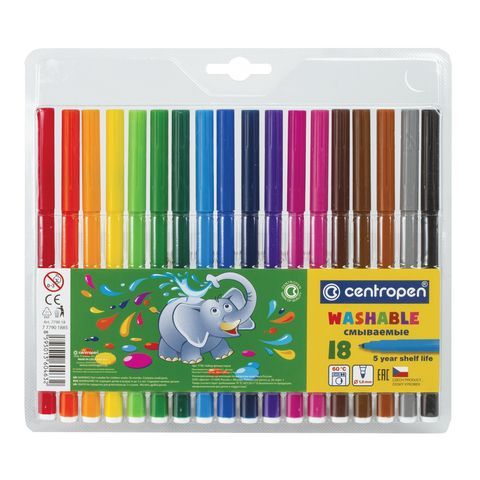Фломастеры 18 ЦВЕТОВ CENTROPEN &quot;Washable&quot;, смываемые, вентилируемый колпачок, 7790/18TP, 777901885