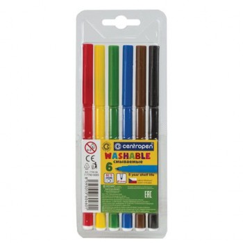 Фломастеры 6 ЦВЕТОВ CENTROPEN 3 шт. "Washable", смываемые, вентилируемый колпачок, 7790/6TP, 777900685