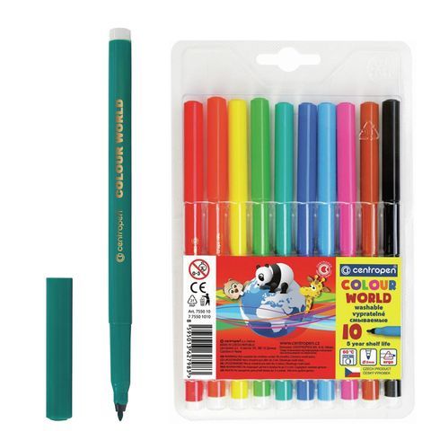 Фломастеры 10 ЦВЕТОВ CENTROPEN 2 шт. &quot;Colour World&quot;, круглые, смываемые, 7550/10TP, 775501084