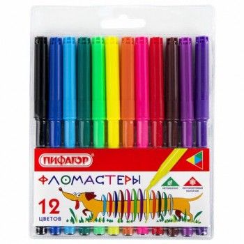 Фломастеры ПИФАГОР 6 шт. "Веселая такса", 12 цветов, вентилируемый колпачок, 151397