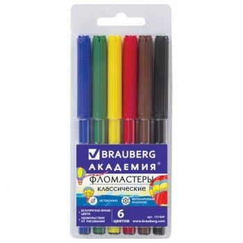 Фломастеры BRAUBERG 6 шт. "АКАДЕМИЯ", 6 цветов, вентилируемый колпачок, ПВХ упаковка, 151409