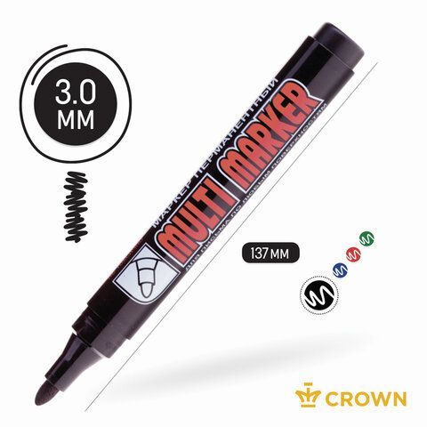 Маркер перманентный CROWN 3 шт. &quot;Multi Marker&quot;, ЧЕРНЫЙ, круглый наконечник, 3 мм, CPM-800