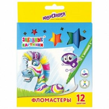 Фломастеры ЮНЛАНДИЯ 4 шт. 12 цветов, "ЗАБАВНЫЕ КАРТИНКИ", вентилируемый колпачок, картон, 151678