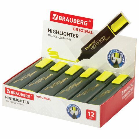 Текстовыделитель BRAUBERG 3 шт. &quot;ORIGINAL&quot;, ЖЕЛТЫЙ, линия 1-5 мм, 151681