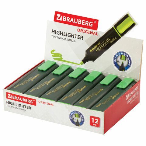 Текстовыделитель BRAUBERG 3 шт. &quot;ORIGINAL&quot;, ЗЕЛЕНЫЙ, линия 1-5 мм, 151682