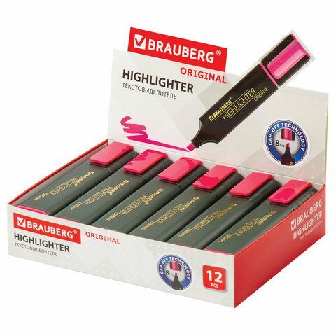 Текстовыделитель BRAUBERG 3 шт. &quot;ORIGINAL&quot;, РОЗОВЫЙ, линия 1-5 мм, 151683